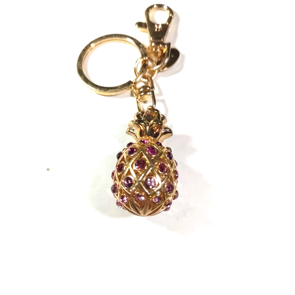 Aloha Pineapple Purple Rhinestone Keychain Purse Luggage Clip Green Gold Tone